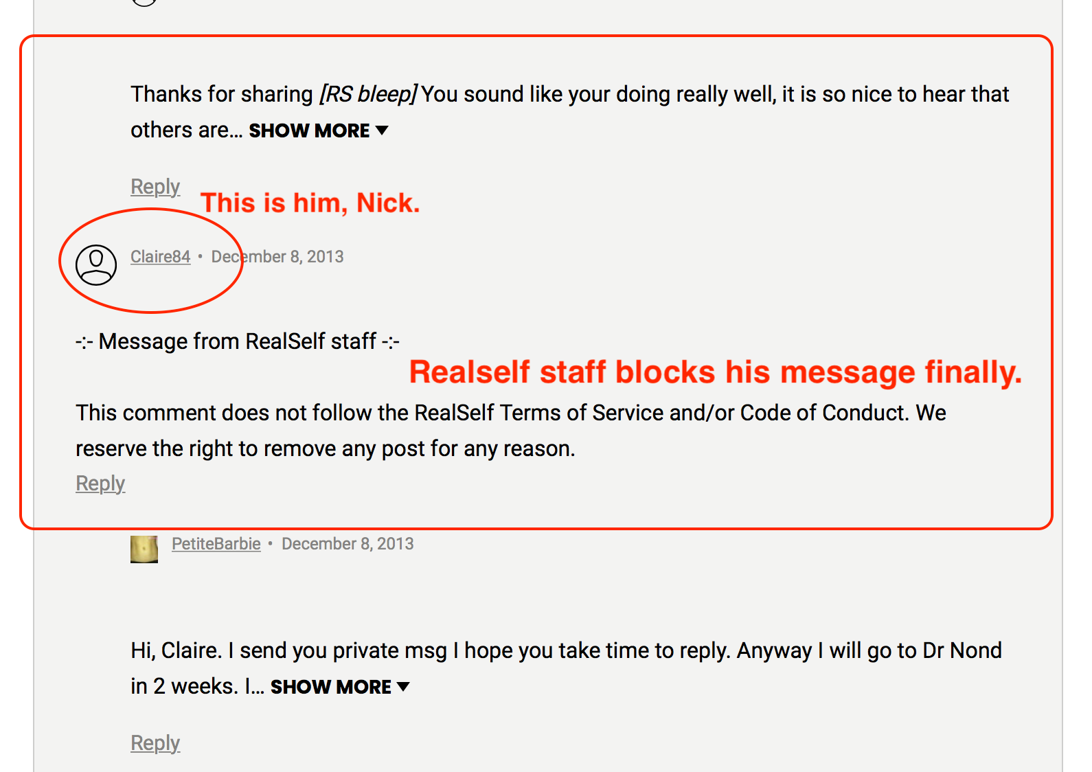 Nick as Claire84: his message is blocked by Realself staff